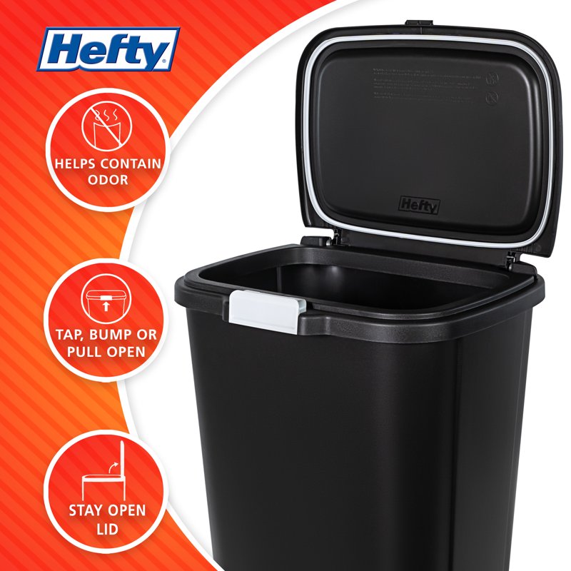 13 Gallon Kitchen Trash Can - Plastic Odor Block Touch Top Bin - Black