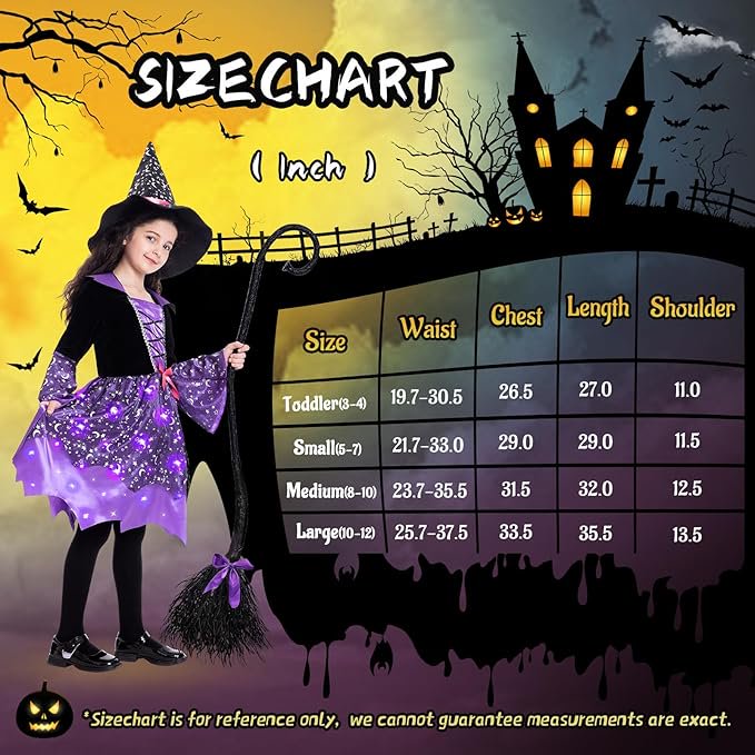Girls Light-Up Witch Costume Set 3-4T LED Dress Hat Broom Halloween