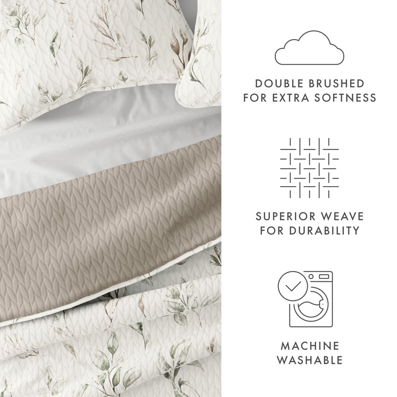 King Linen Quilt Set with Watercolor Leaves & Stripes - Reversible Microfiber Comforter