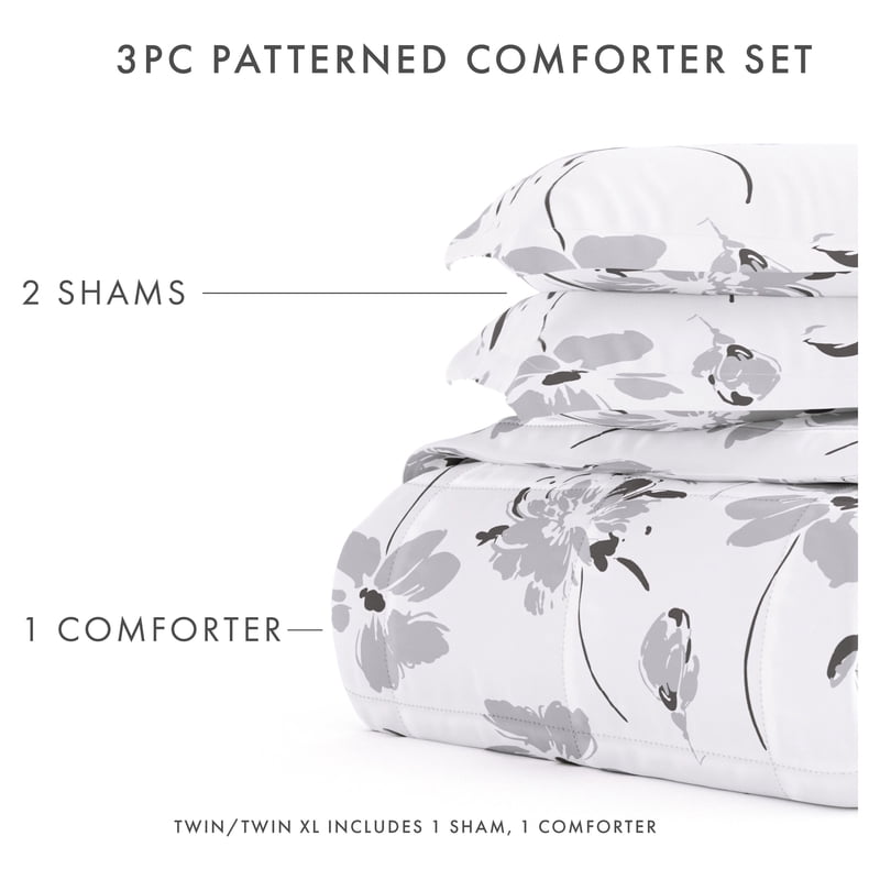 King Magnolia Gray Print Comforter Set - Hypoallergenic Microfiber Bedding