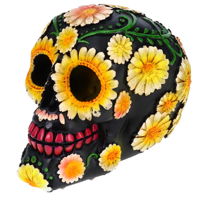 Day of the Dead Skull Decor - Black Sunflower Resin Skeleton Figurine