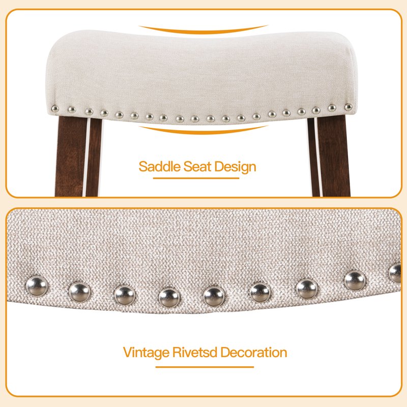 26" Counter Height Bar Stools Set of 3 - Beige Fabric Saddle Chairs