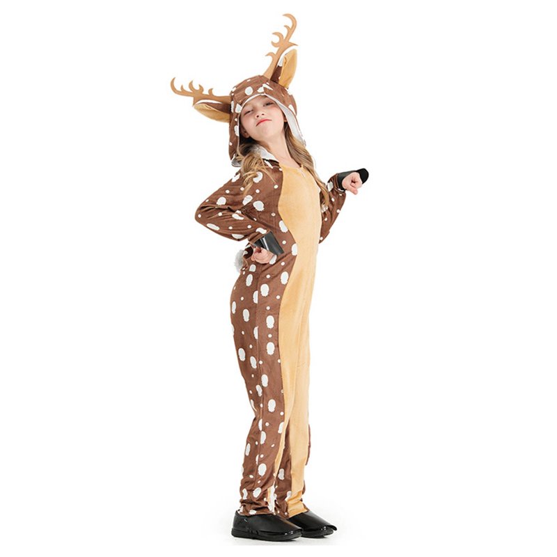 Kids Christmas Deer Jumpsuit Footed Onesie for Toddlers 3-13 Years Khaki