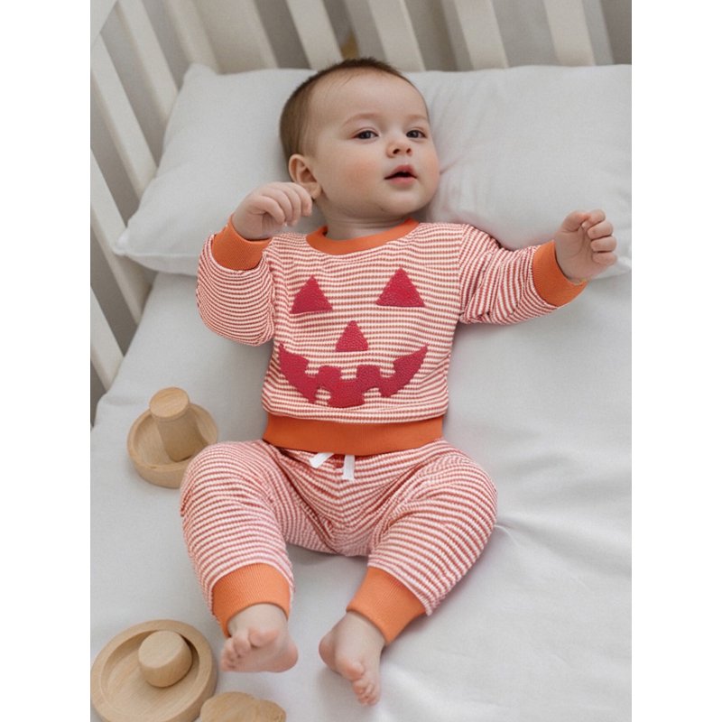 Toddler Boys Girls Halloween 2-Piece Pants Outfit Set - Pumpkin Embroidery & Striped Pants, Style 26, 2-3 Years