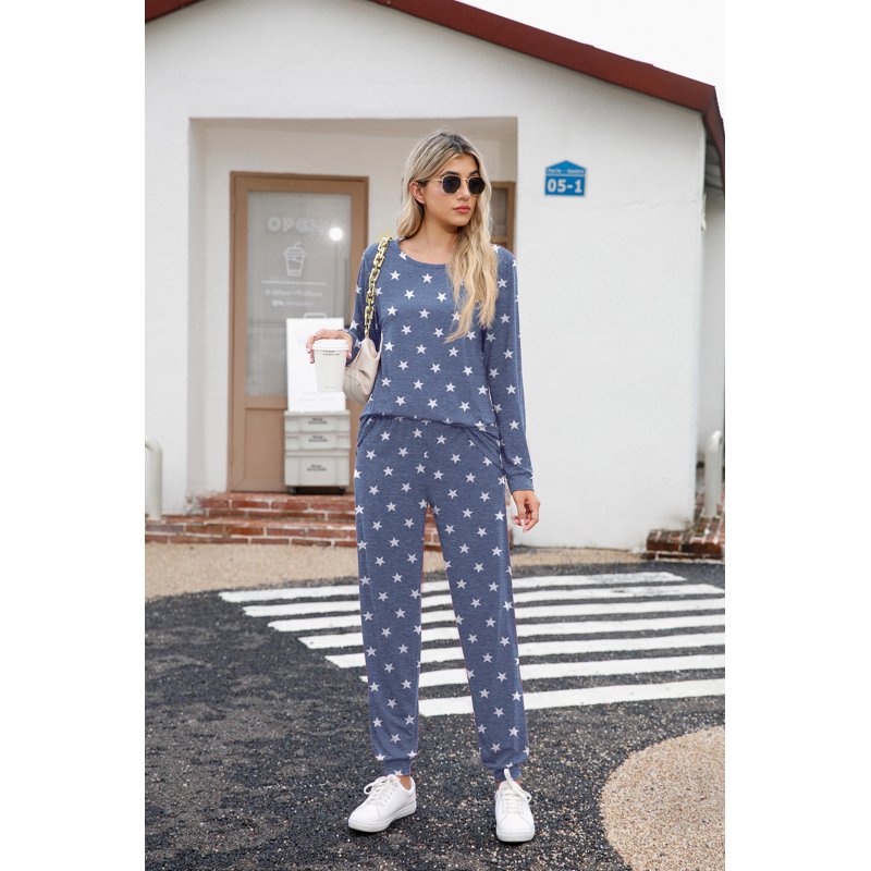 Women’s Pajama Set Long Sleeve Sleepwear Lounge Set with Pockets - Blue Star, M