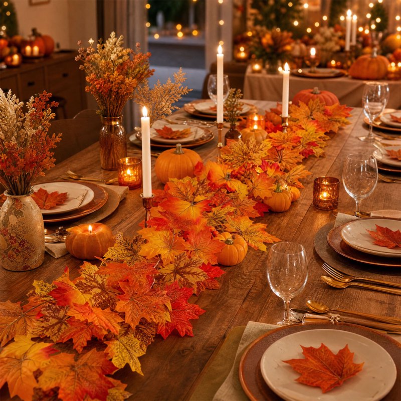 Autumn Maple Leaf Garland with Acorns - Flexible Fall Decor for Mantel & Table - Orange Q