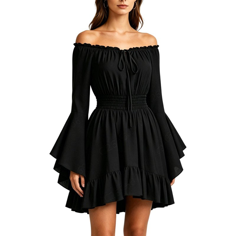 Women's Gothic Pirate Off Shoulder Mini Dress S - Black, Flowy Halloween Costume