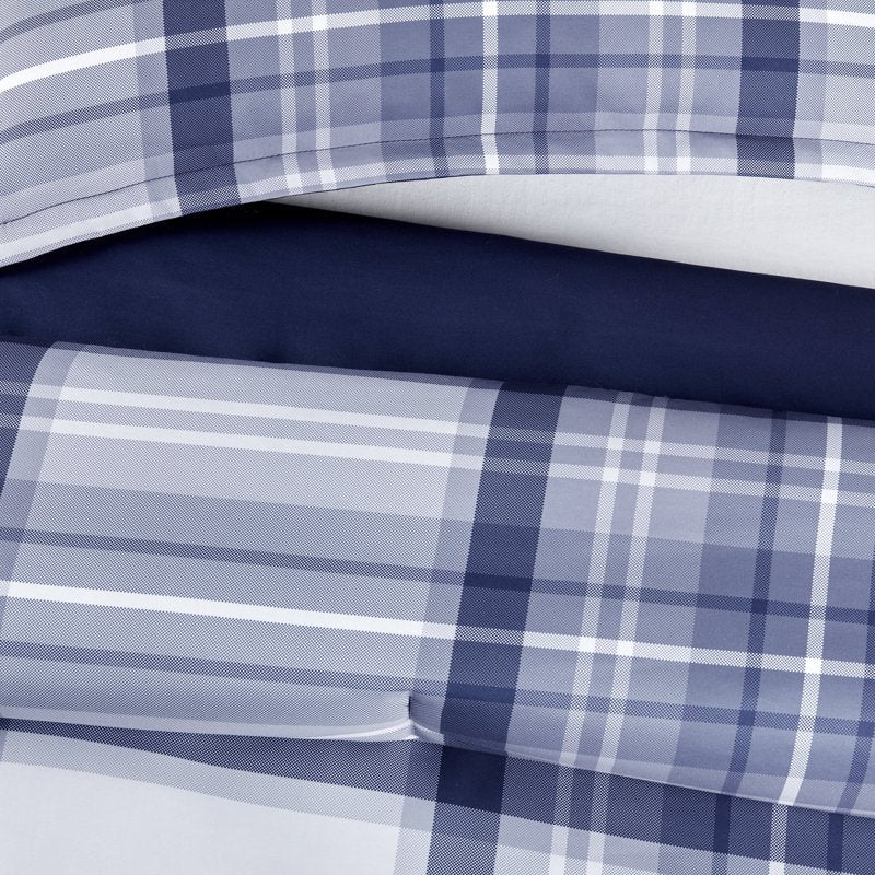 Serta Simply Clean King Bedding Set with Blue Plaid - 7-Piece Bed in a Bag