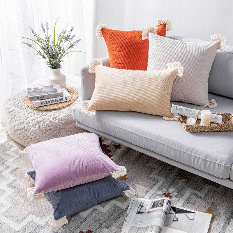 12x20 Inch Off White Corduroy Velvet Throw Pillow Set with Cotton Tassels