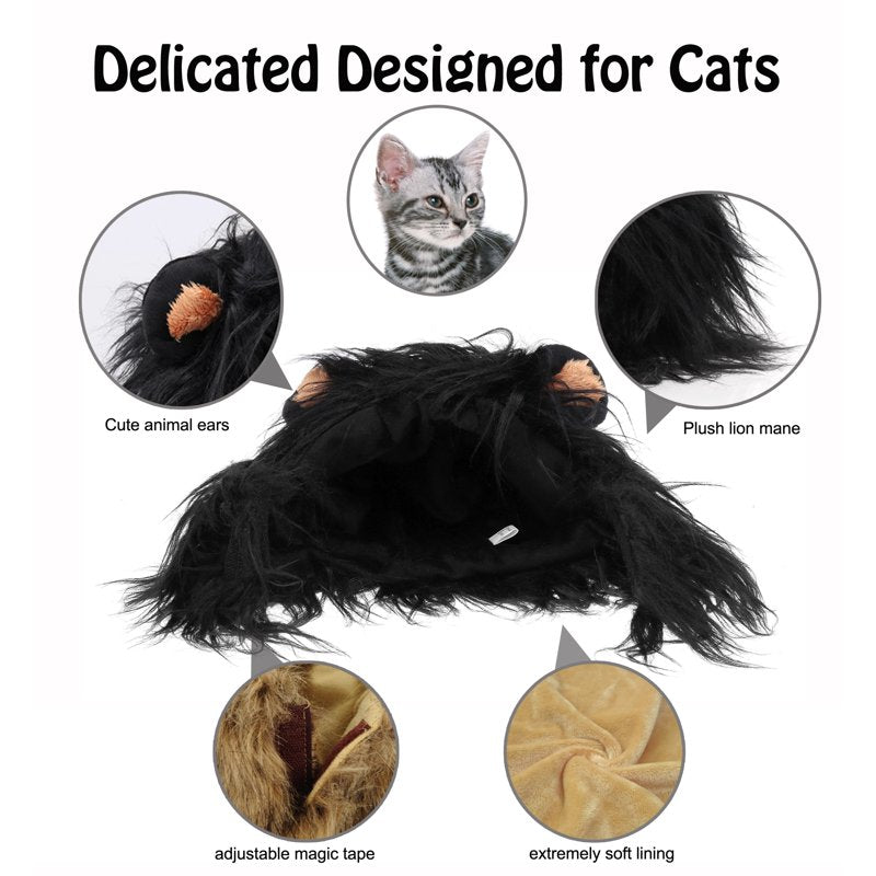 Lion Mane Wig for Cats - Black, Size S, Realistic Pet Costume for Halloween & Christmas