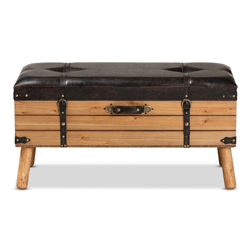 Large Storage Ottoman - Rustic Dark Brown PU Leather & Oak Wood