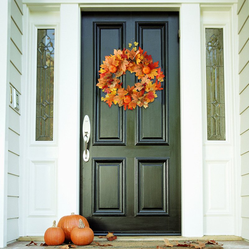 Fall Wreath Front Door Autumn Harvest Halloween Decoration with Pumpkins & Berries