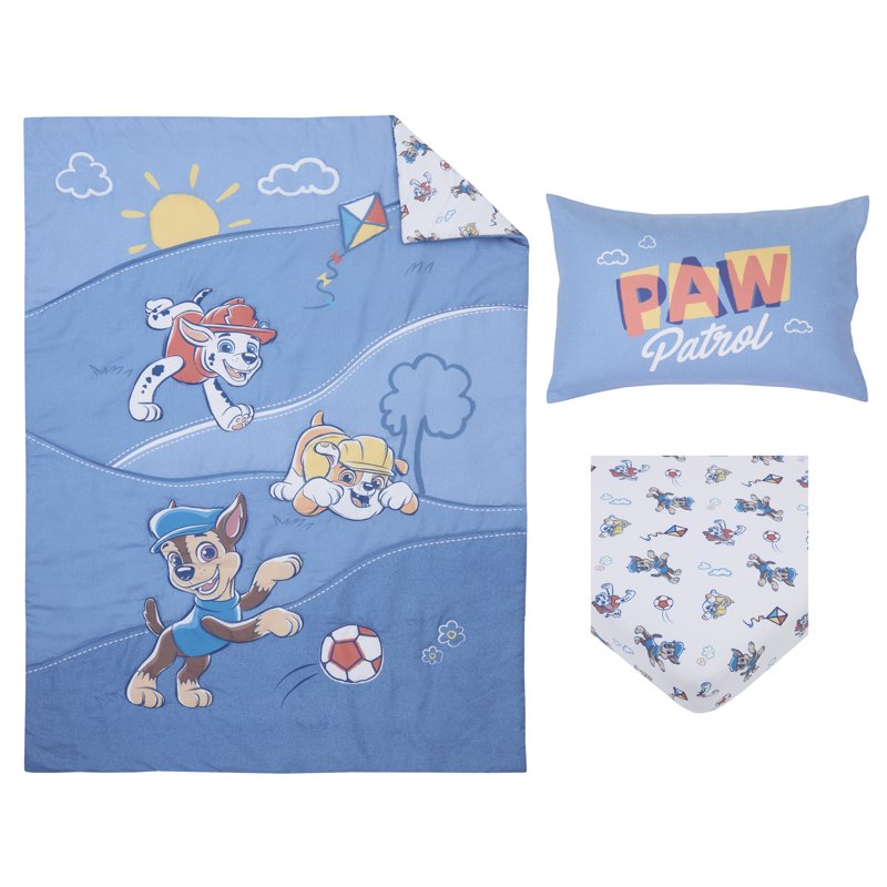 Paw Patrol Toddler Bedding Set - Pups at Play, Reversible Comforter & Pillowcase, Fits Standard Toddler Bed, Blue