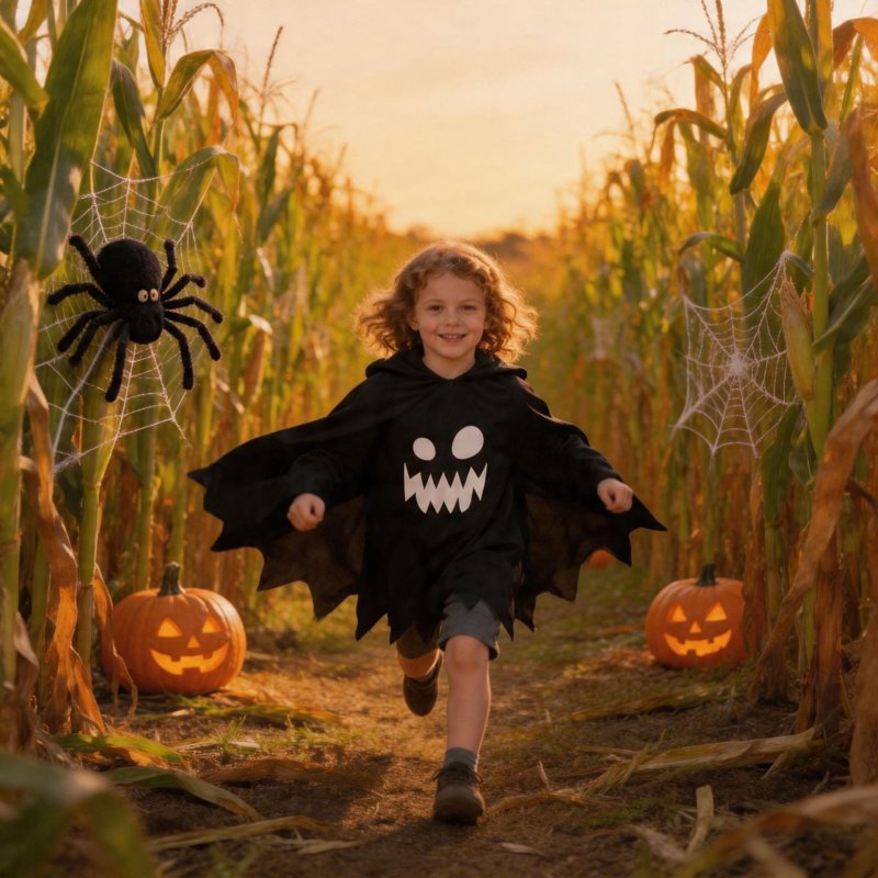Kids Glow In The Dark Ghost Face Costume Cape for Halloween - Unisex 10-12 Years - Black Fancy Dress