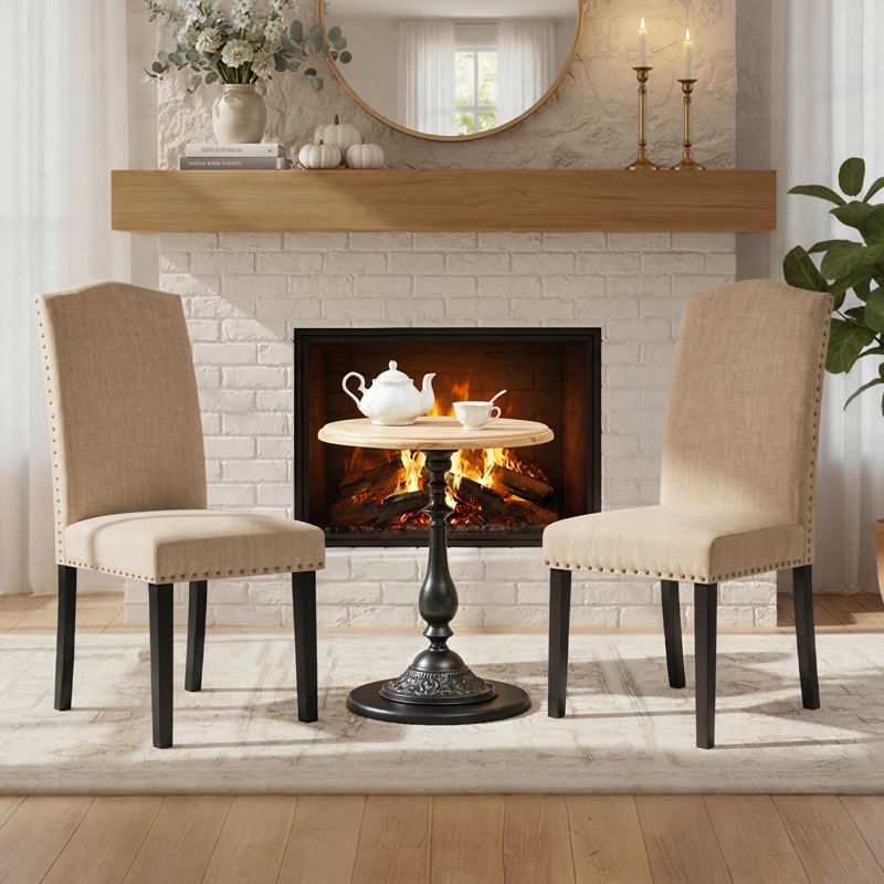High Back Dining Chair Set of 2 with Solid Wood Legs - Khaki