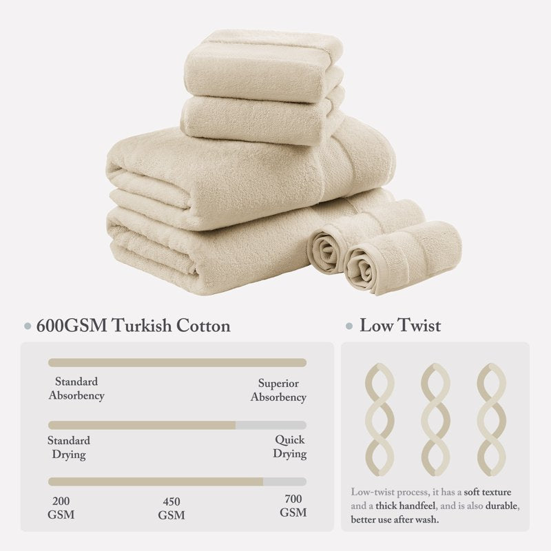 AsterOutdoor 6-Piece Turkish Cotton Bath Towel Set - Sand, 600 GSM Luxury & Absorbent