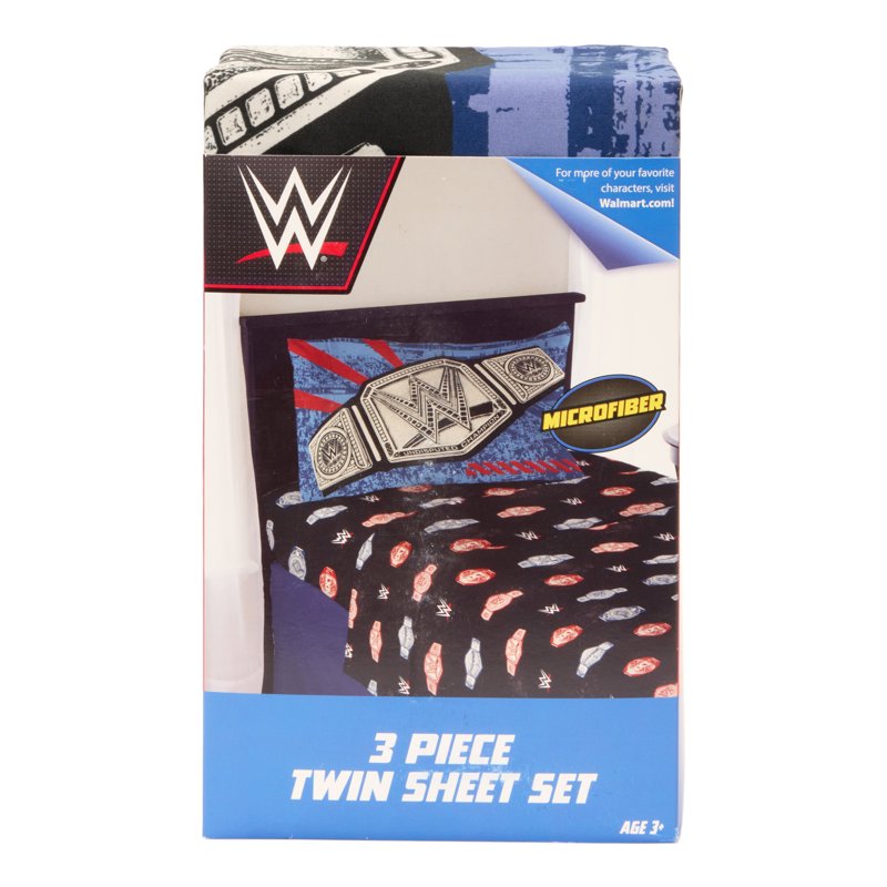 WWE Kids Twin Black 3-Piece Sheet Set with Championship Belt & Logo Print