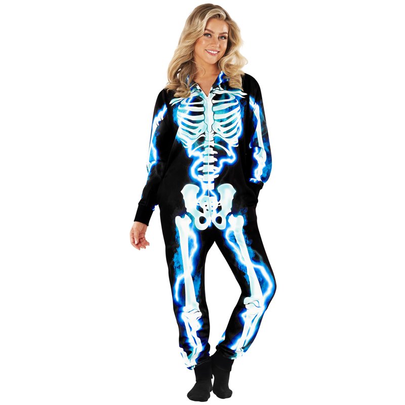 Electric Skeleton Halloween Costume Women - Size L - Striking Blue Print