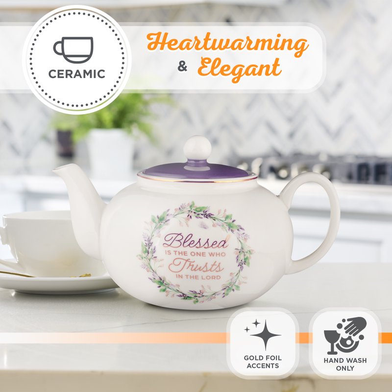 Inspirational Ceramic Teapot - Blessed Purple Floral, 34 oz