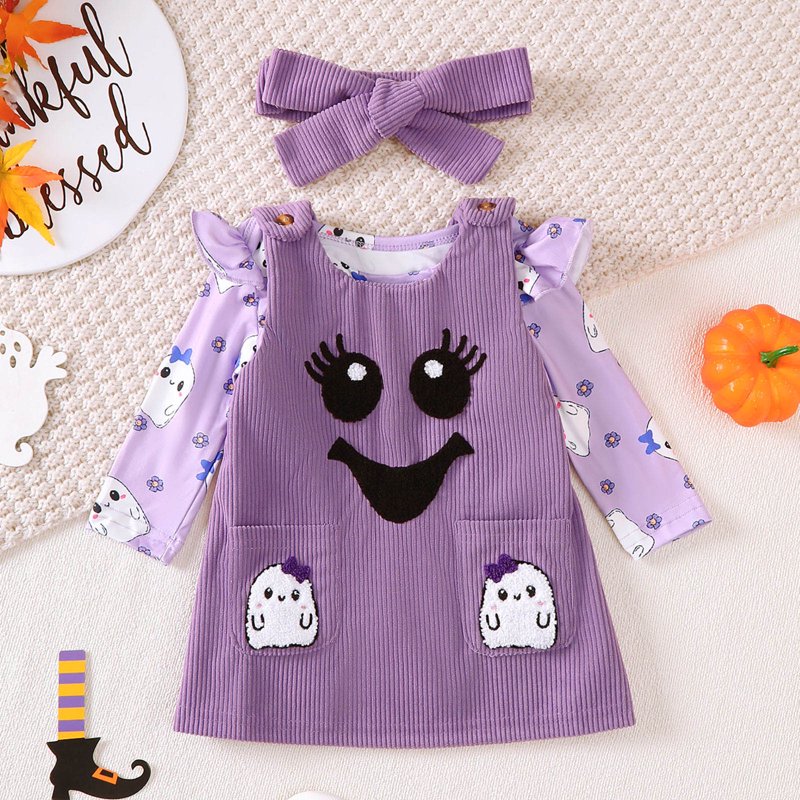 Purple Baby Girl Halloween Outfit Set - Romper, Overall Dress & Headband, 6-12 Months