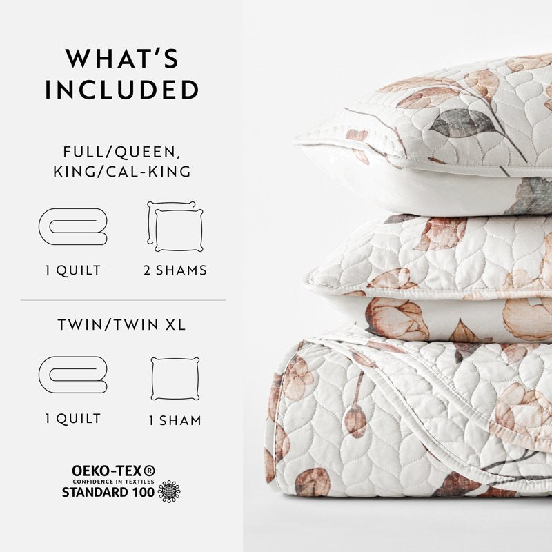 King Rustic Floral Quilt Set with Shams - Natural Russet 3-Piece Bedding