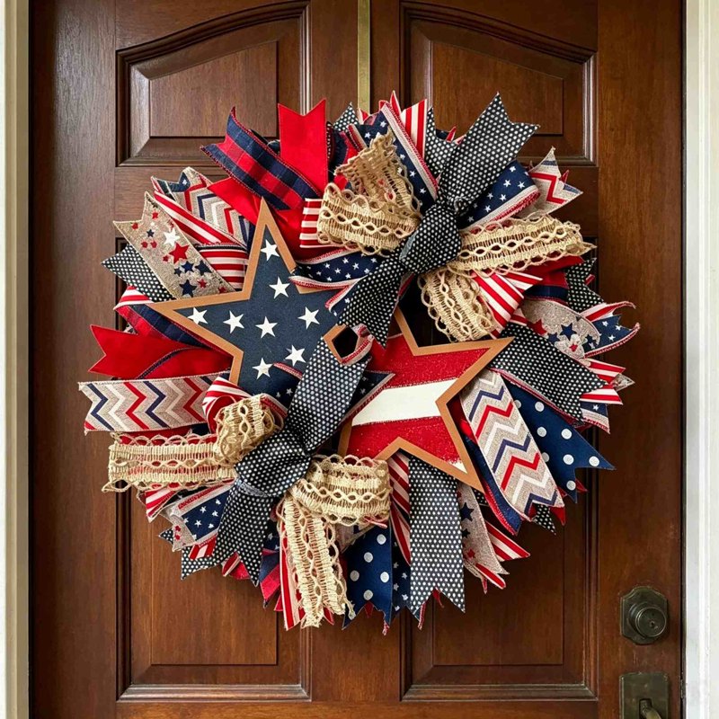 4th of July Patriotic Wreath - Red White Blue Independence Day Front Door Decor - Variation 0A