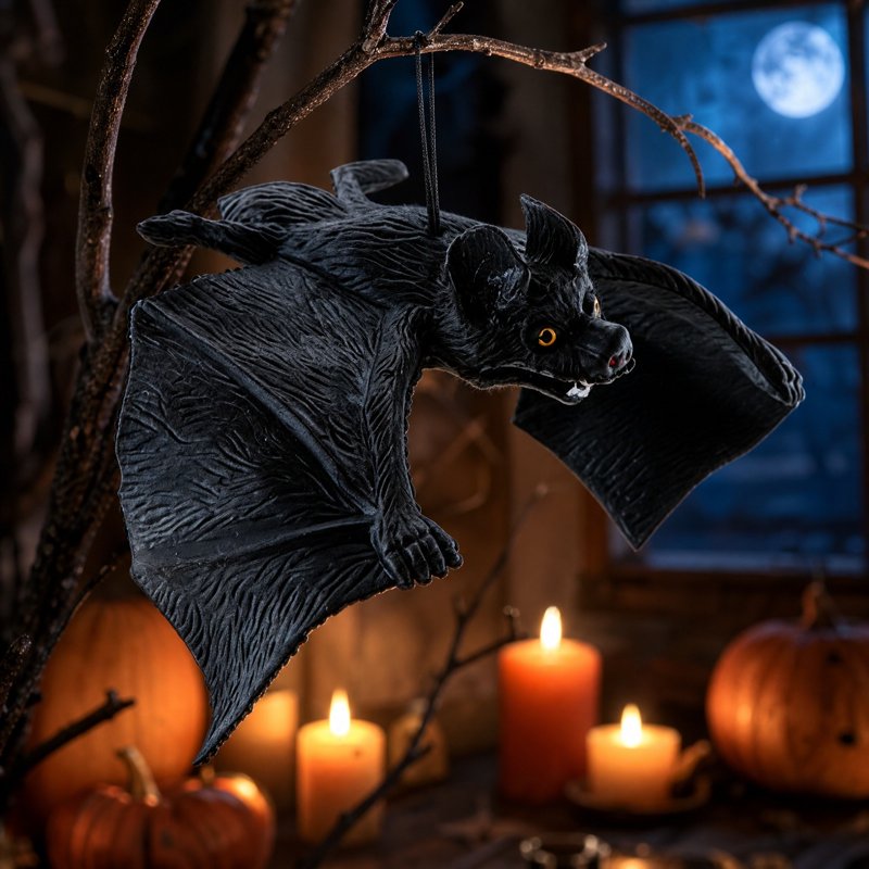 Realistic Hanging Black Bat Ornament - Spooky Halloween Decor, Variation 1#F