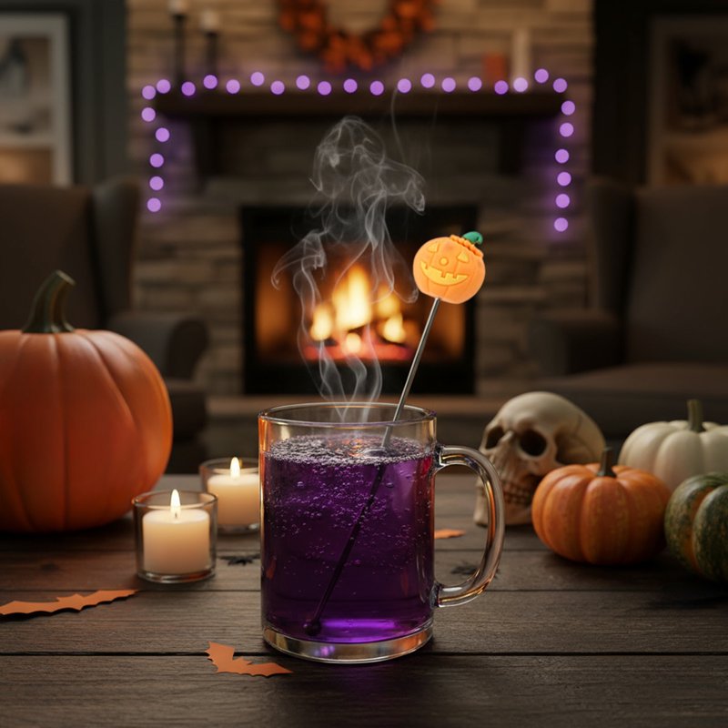 Halloween Orange Stainless Steel Cocktail Mixing Spoon with Ghost Witch Bat Pumpkin