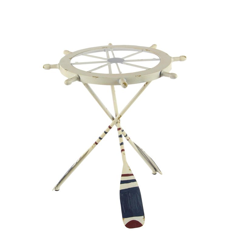 Nautical Style White Metal Top Ship Wheel Accent Table