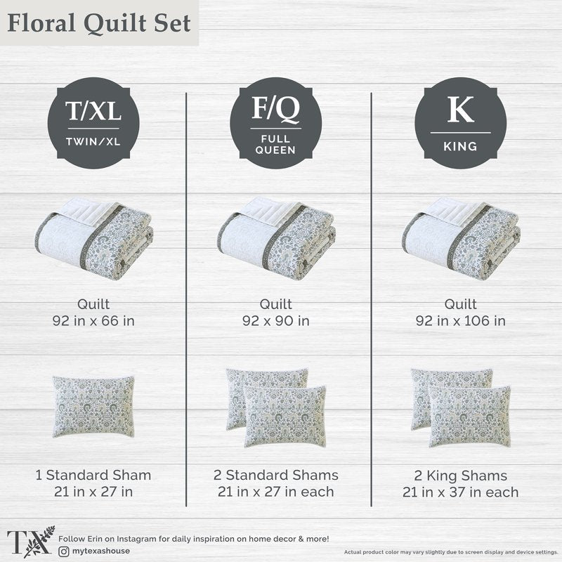 King Quilt Set with Jacobean Floral & Border - Sage, All-Season, 3-Piece