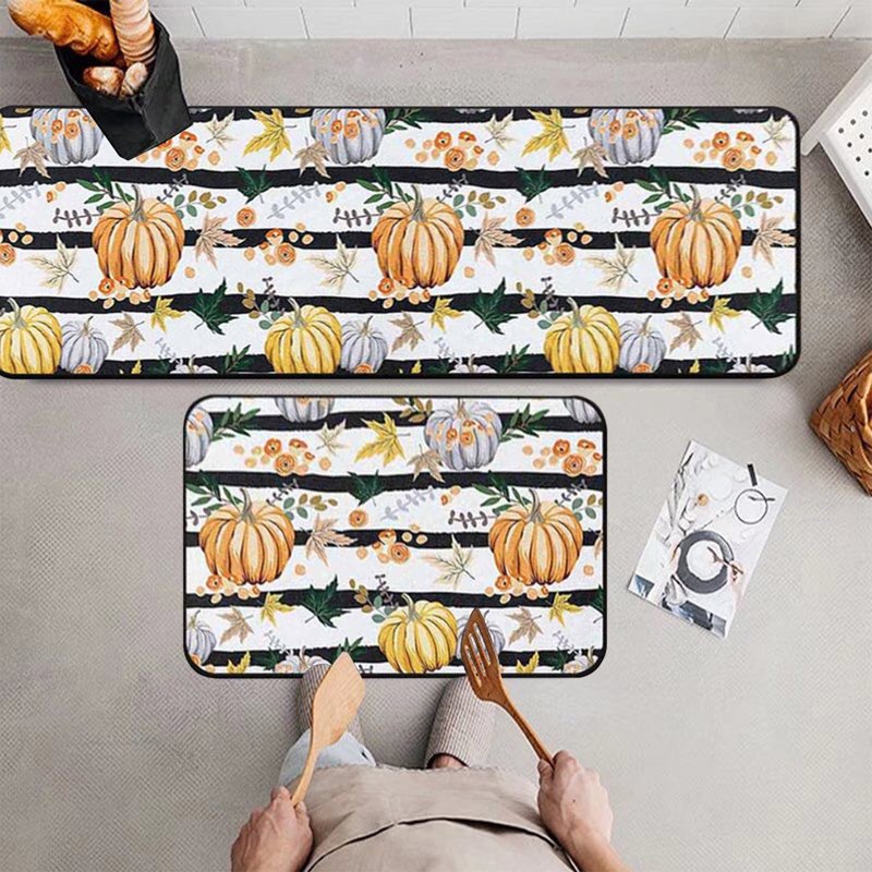 Decorative Fall Theme Kitchen Floor Mats Set of Two - Non-Slip Pumpkin Turkey Rugs B
