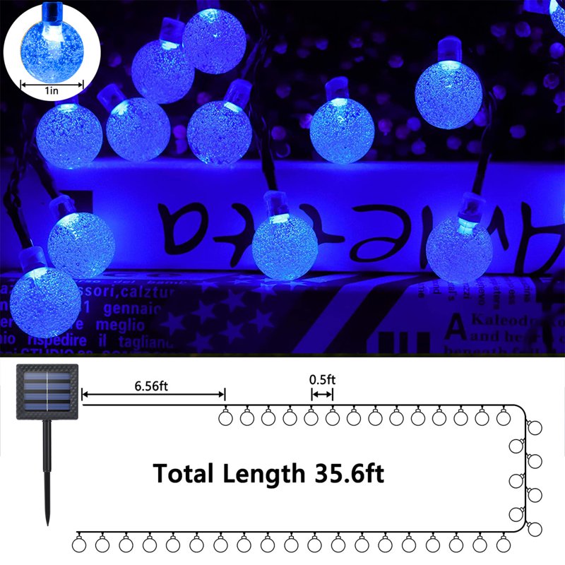 Blue Solar Outdoor Globe String Lights 35.6ft with 60 LEDs Waterproof Decorative Lighting