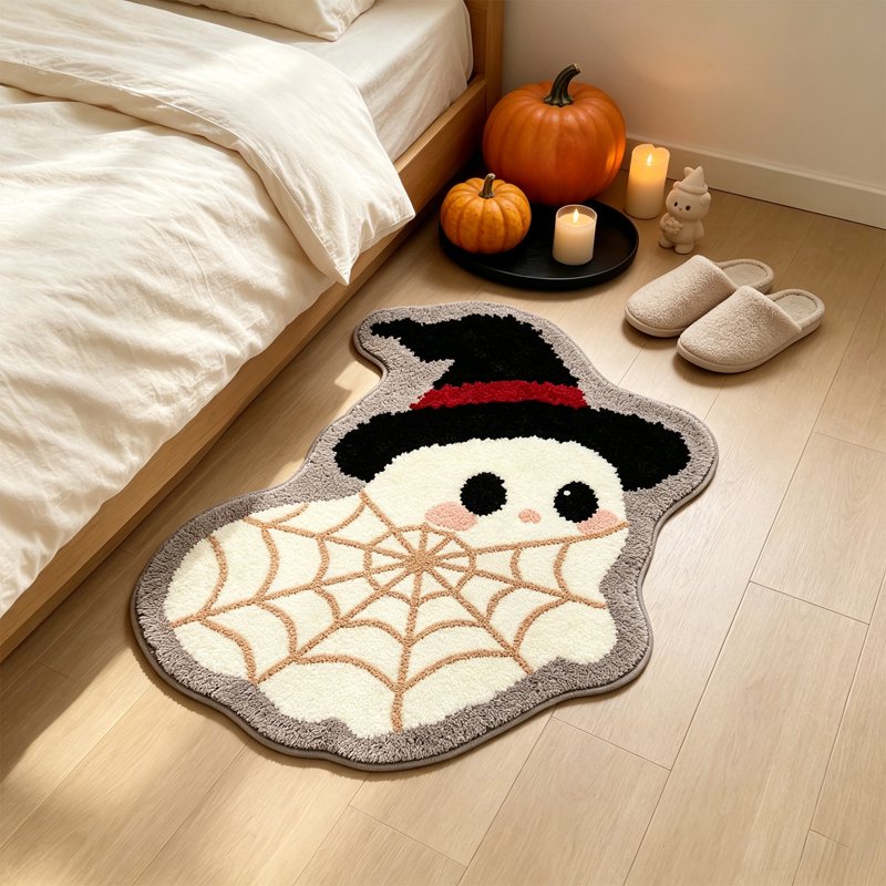 Halloween Ghost Doormat with Web Design - Washable Indoor Outdoor Rug, 70x45cm - Ghost Shaped Mat with Grip - Variation of Ghost Mat Spider Web O