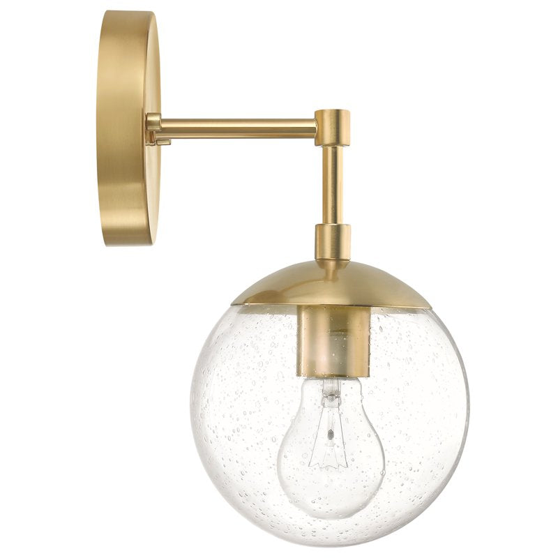 Satin Gold Modern Dimmable Wall Sconce with Clear Seedy Glass Globe Shade - Ideal for Bathrooms, Kitchens, Hallways