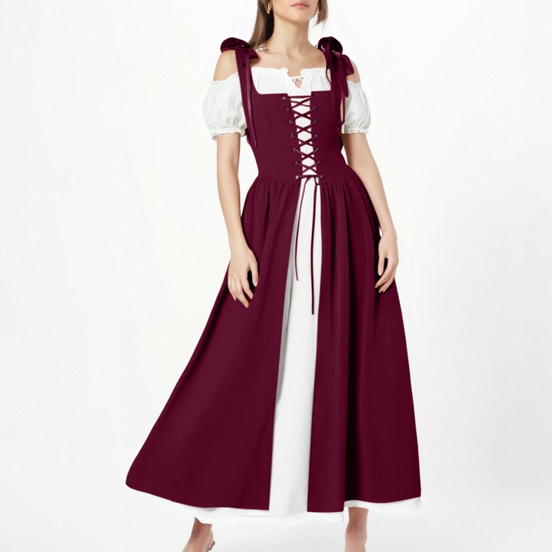 Women’s Renaissance Costume Dress - Vintage Medieval Peasant Style, AA-Wine, S