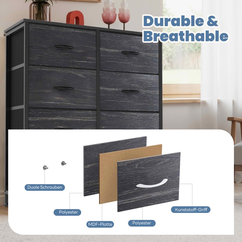 Tall Fabric Storage Dresser Tower - 8 Drawer Black Wood Organizer