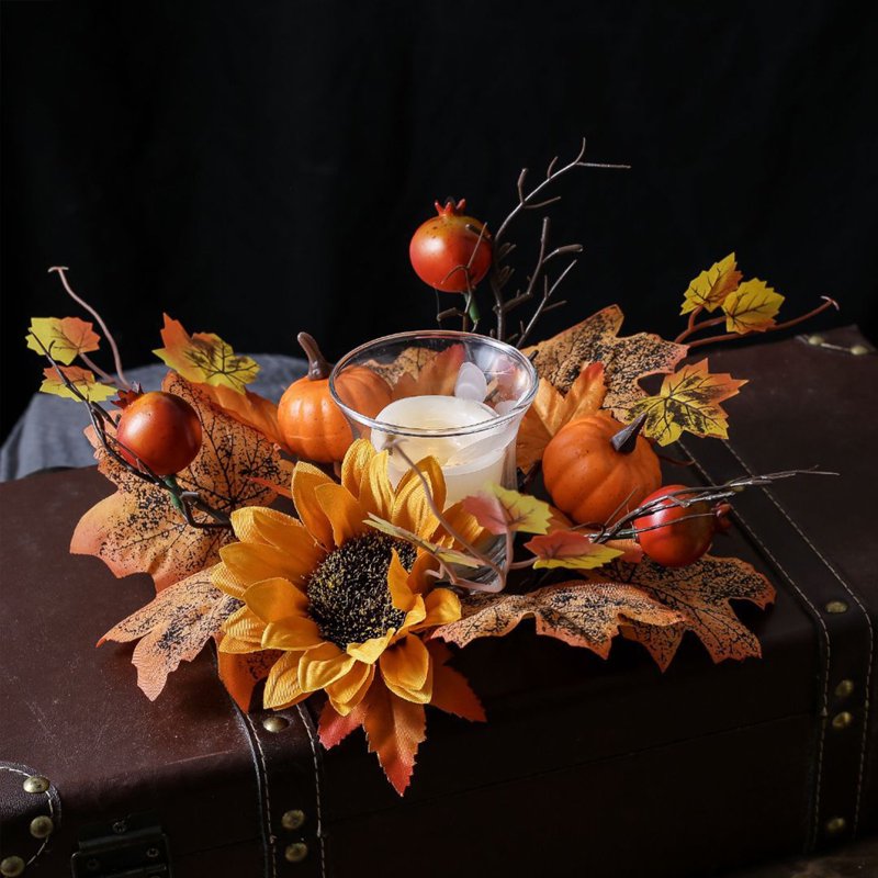 Autumn Pumpkin Maple Leaf Candle Ring Wreath - Fall Harvest Table Decor - Variation A