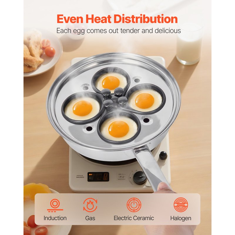 4-Cup Stainless Steel Egg Poaching Pan with Nonstick Cups and Glass Lid