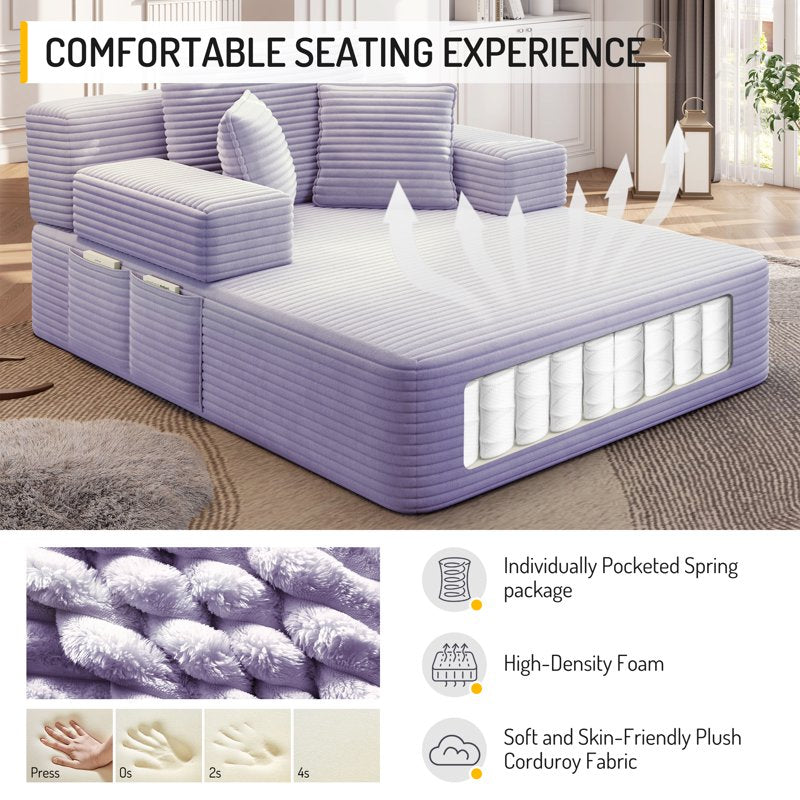 Aukfa Purple Oversized Corduroy Convertible Sofa Bed & Lounge Chair with Storage Pockets