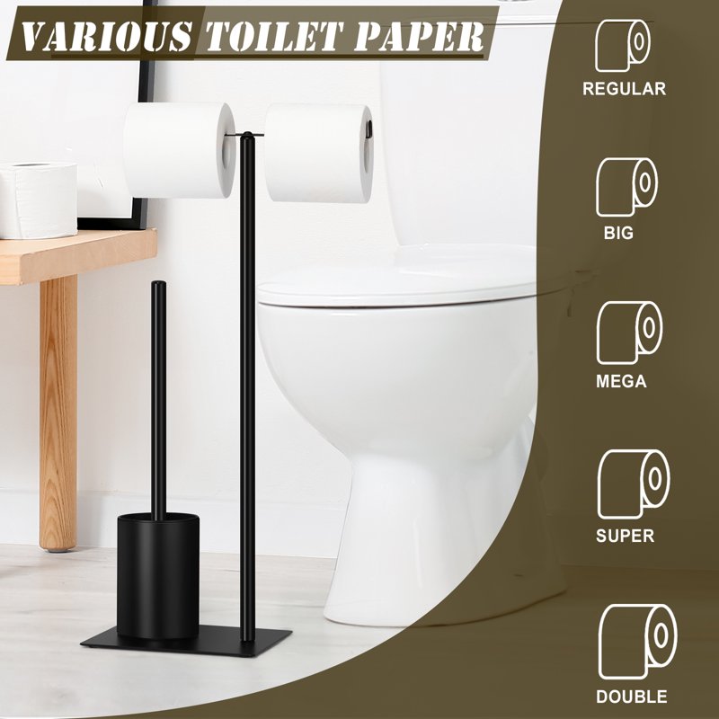 Freestanding Toilet Paper Holder with Toilet Brush - Black Metal Bathroom Accessory - Variation 1