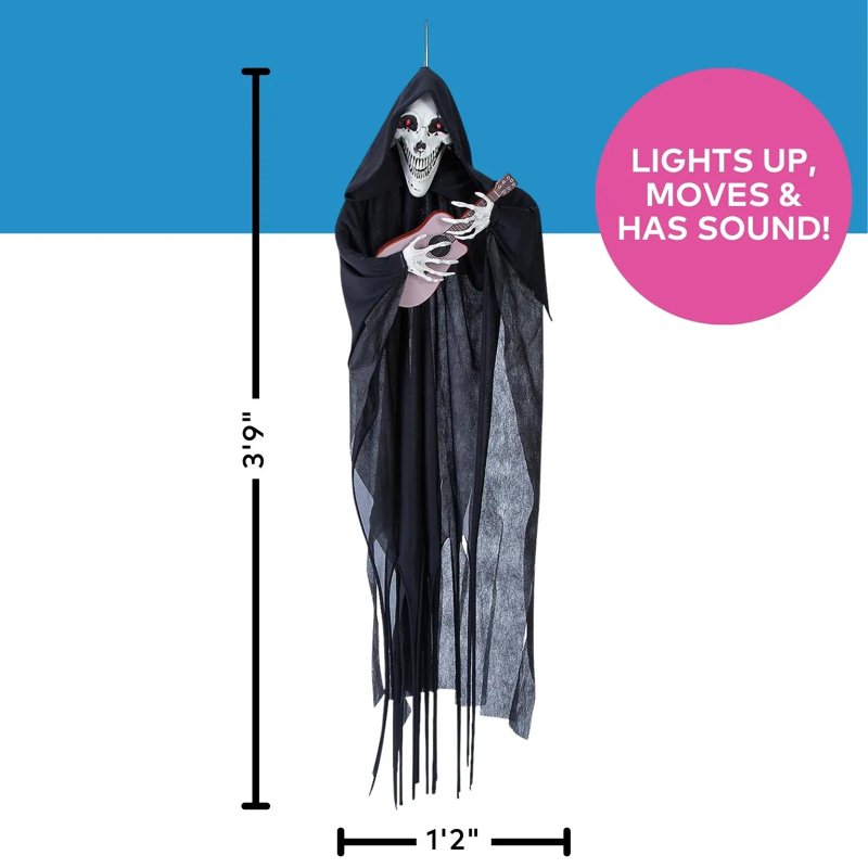 Hanging Singing Reaper Halloween Decor with Guitar Light-Up Eyes