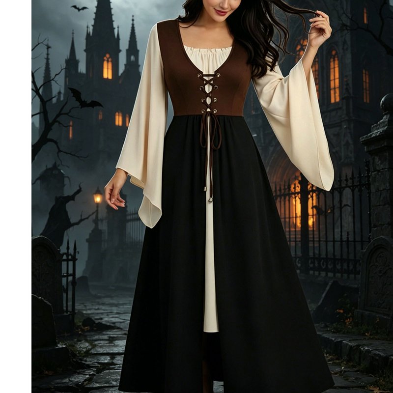 Ladies Renaissance Medieval Pirate Peasant Dress CC-Brown M Halloween Costume