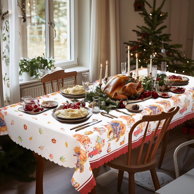 Christmas Table Cloth - 52" x 70" Yellow and Red - Heavy Duty Polyester
