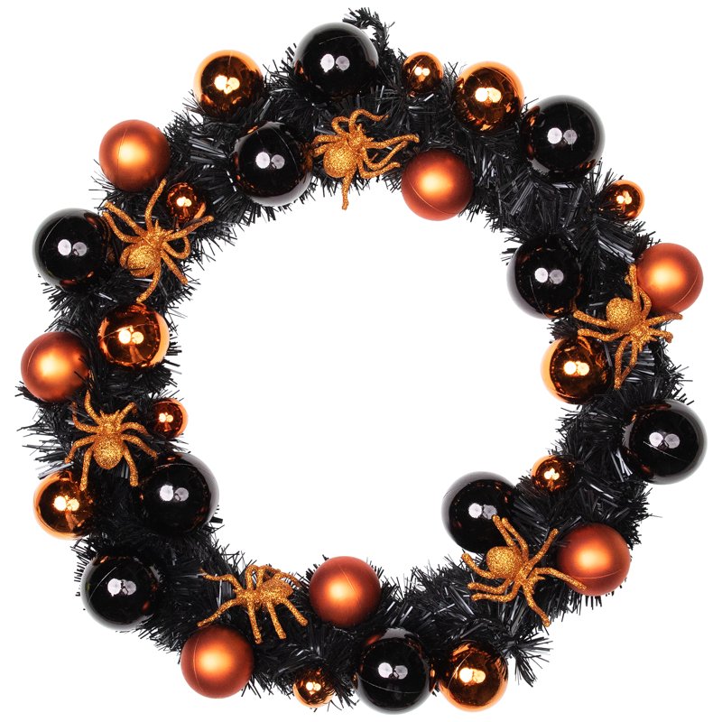 Halloween Wreath with Glittered Spiders and Ornaments - 18 Inch Indoor Outdoor Decor