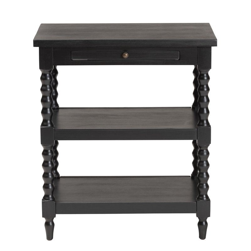 Retro-Modern End Table with Turned Legs and Pullout Shelf - Black