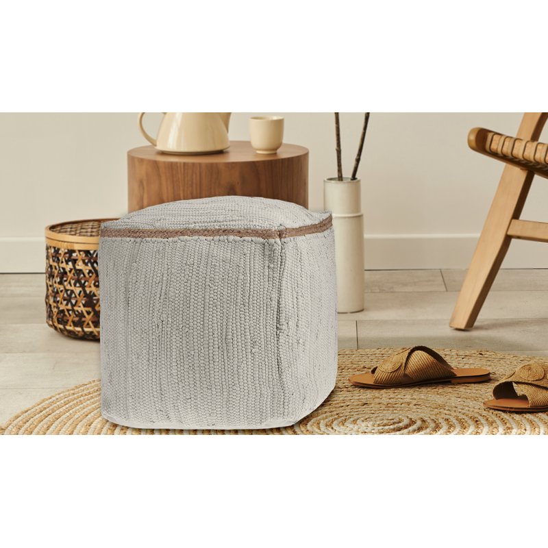 White Braided Cotton and Jute Pouf Ottoman - 18x18 Inches, Handmade