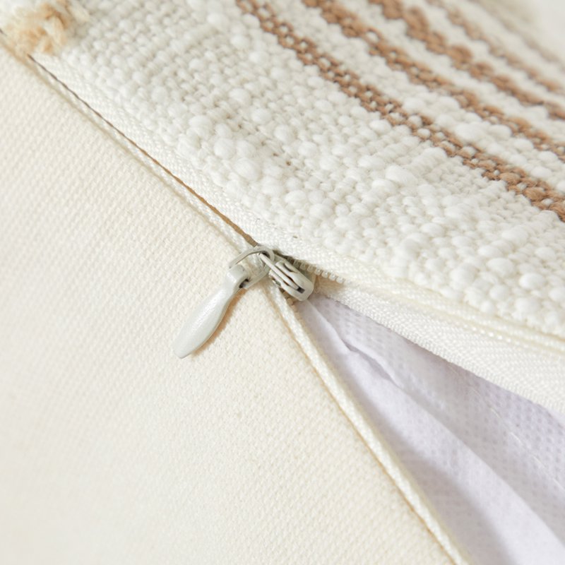 Oblong Decorative Pillow with Cotton Cover - Beige Plaid Stripe, 14 x 24 in, Variation 1