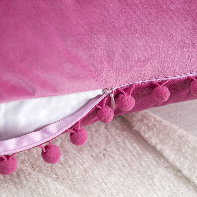 18-Inch Pink Velvet Throw Pillow Set with Pom Poms - Pack of 2