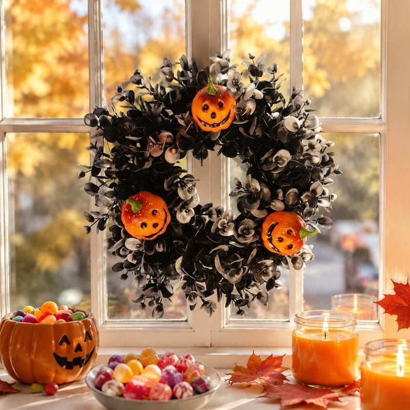 Halloween & Thanksgiving Wreath M-9 Artificial Fall Door Decor for Indoor Outdoor