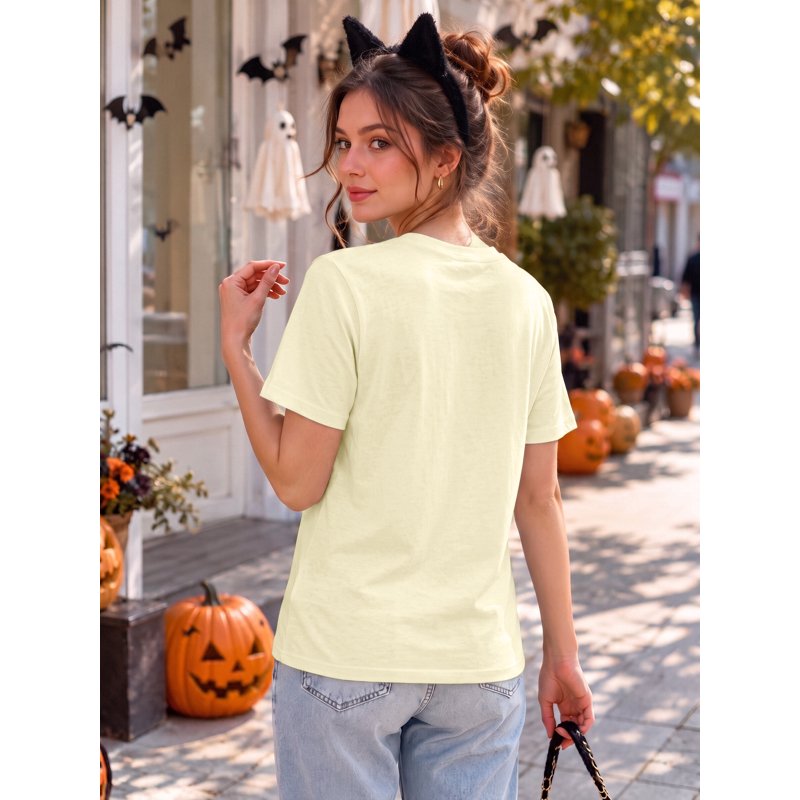 Women's Halloween Pumpkin T-Shirt with Ghost Graphic - Beige, Large